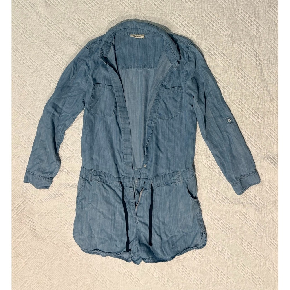Elan Women's Chambray Romper Medium Shorts Long Sleeve Collared Pockets Spring